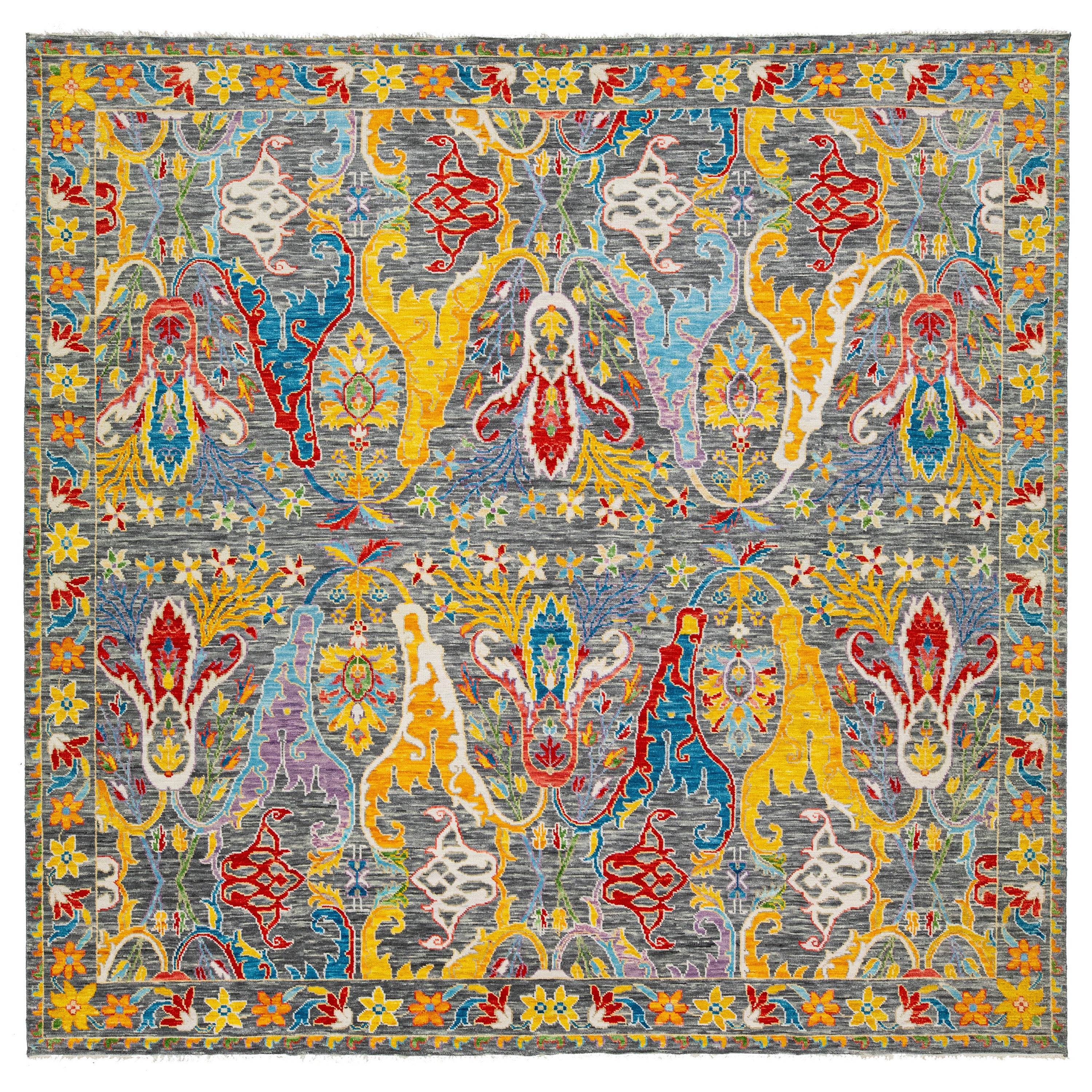 Modern Square Oushak style Wool Rug Features Multicolor Floral Motif For Sale
