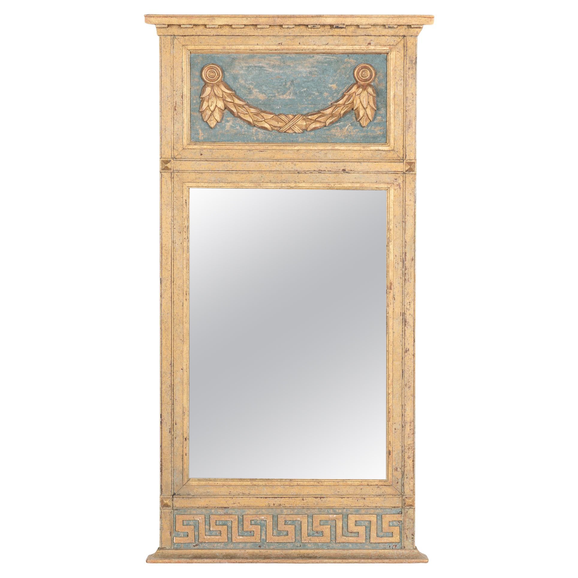 Gold and Blue Painted Trumeau Mirror, Sweden circa 1860-80 For Sale