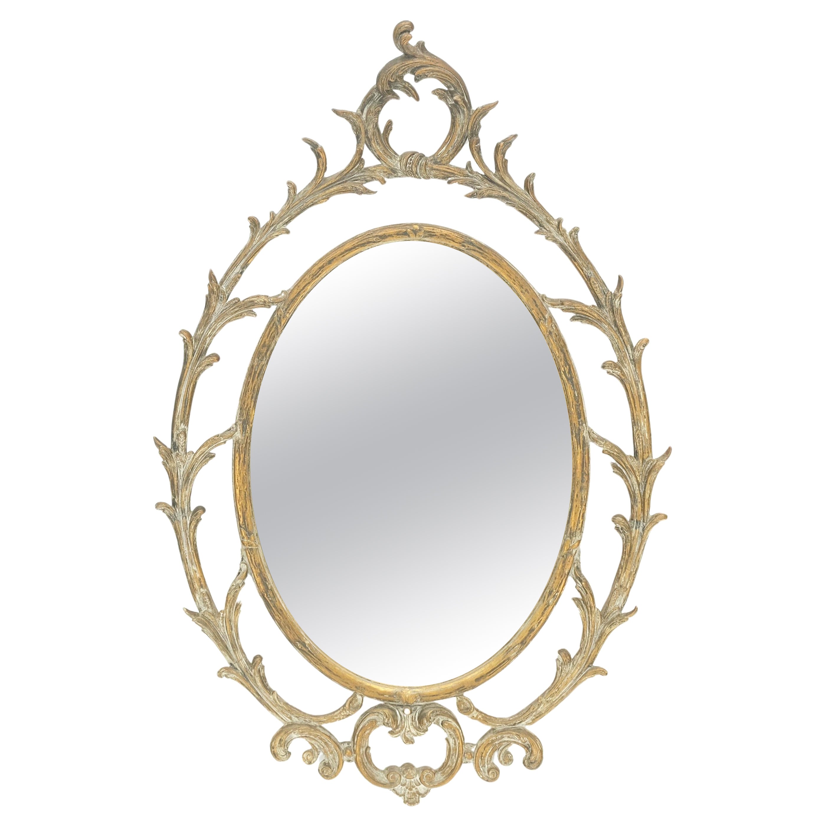 Gesso Pierced Wood Gold Leaf Frame Oval Round Rococo Wall Mirror c1920s MINT! For Sale