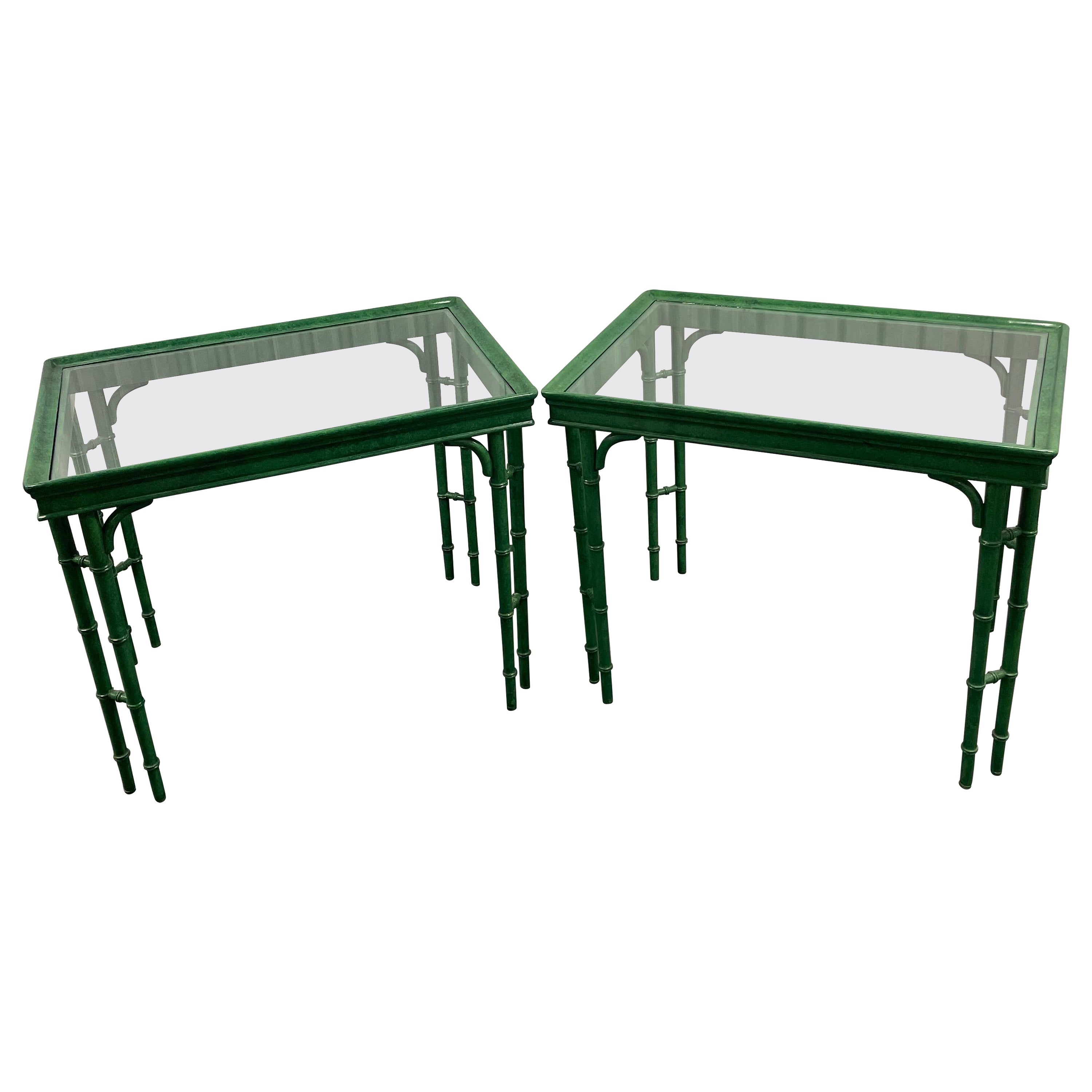 Vintage Pair of Chinese Chippendale Style Faux Painted Malachite Side Tables For Sale