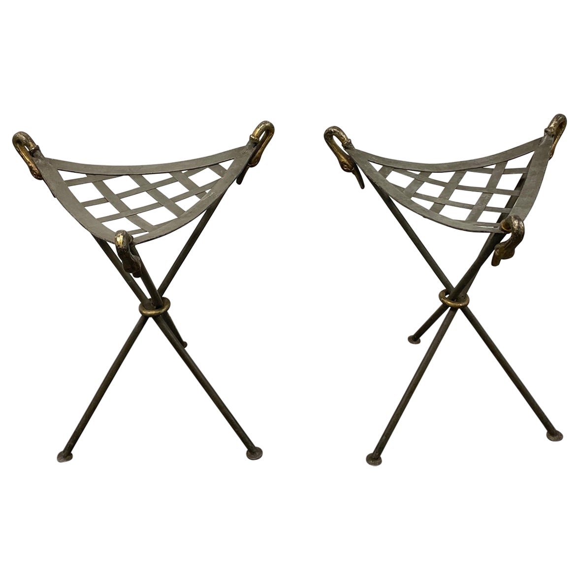 Pair of Vintage Iron Tripod Stools with Swan Heads For Sale