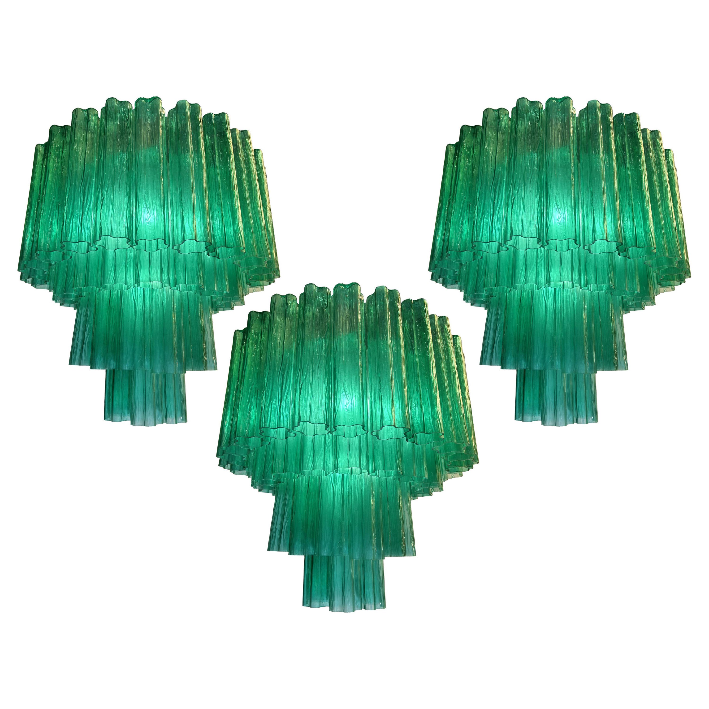 Trio Italian Emerald Glass Chandeliers by Valentina Planta, Murano