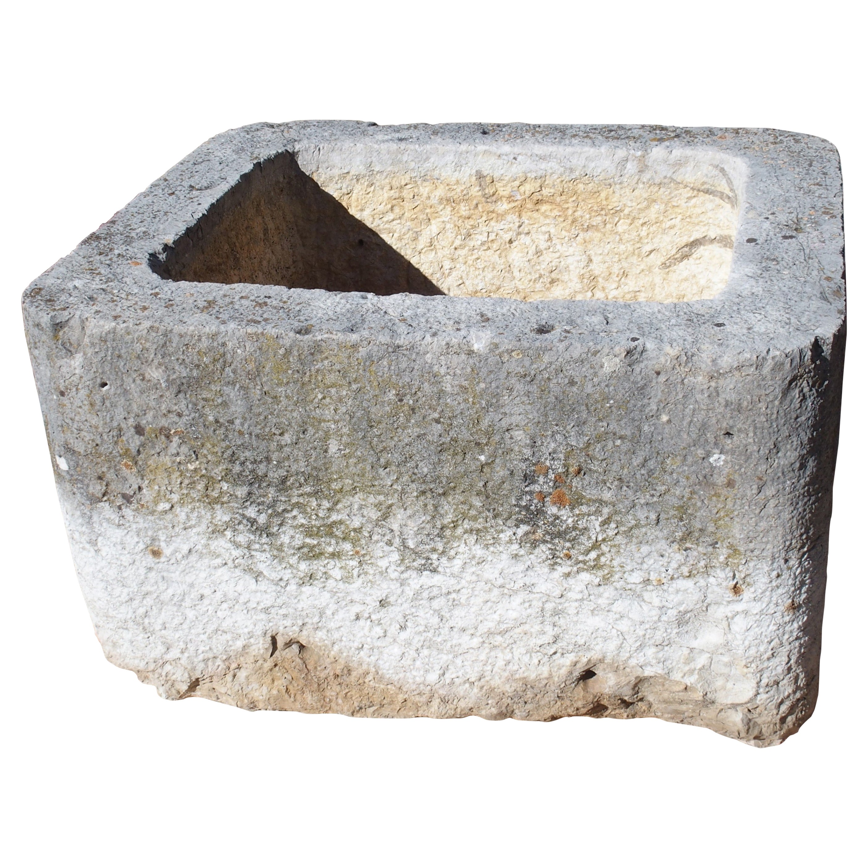 Französischer quadratischer geschnitzter Kalksteintrog oder -spüle aus dem 19.