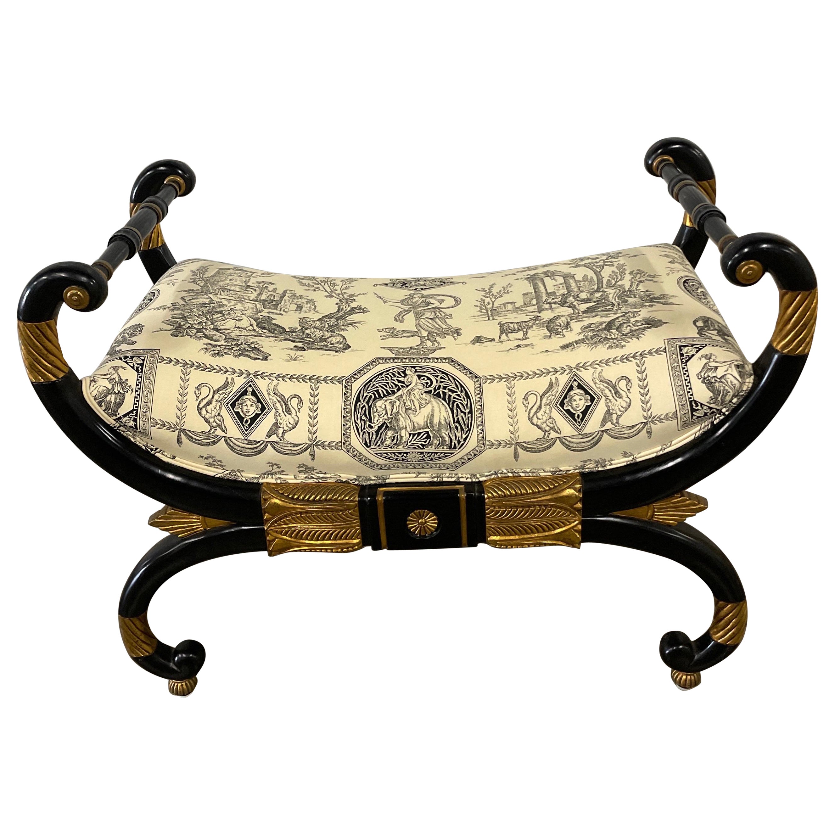 Neoclassical Ebonized & Gilded Bench by Baker For Sale