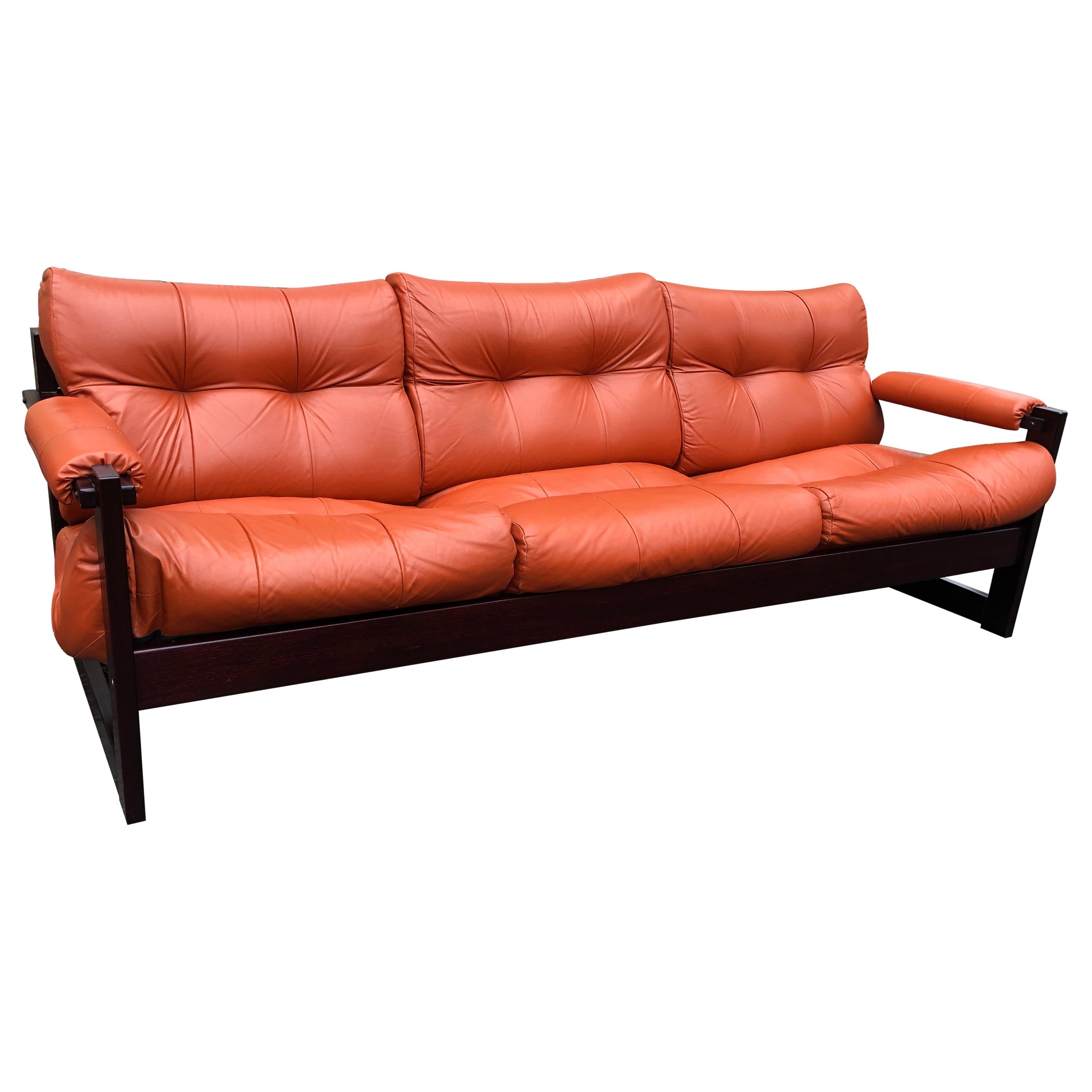 Merveilleux canapé "S-1" Percival Lafer Rosewood 3 Seater en cuir cognac du milieu du siècle dernier