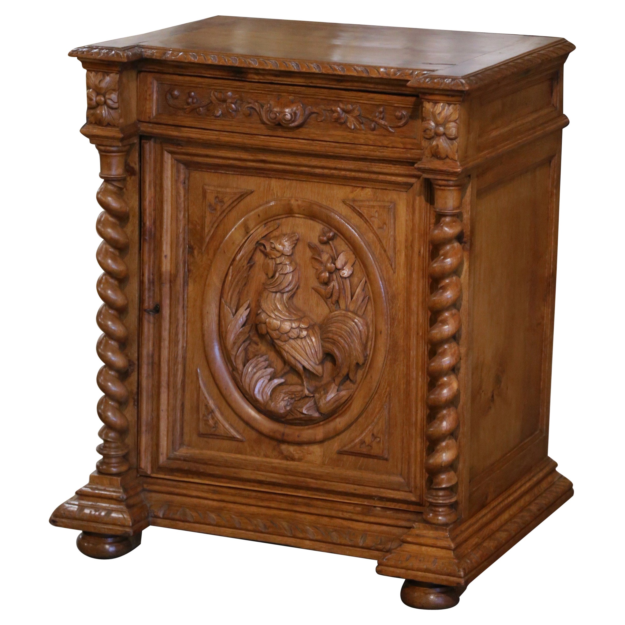 19th Century French Louis XIII Oak Barley Twist Jelly Cabinet with Rooster Motif For Sale