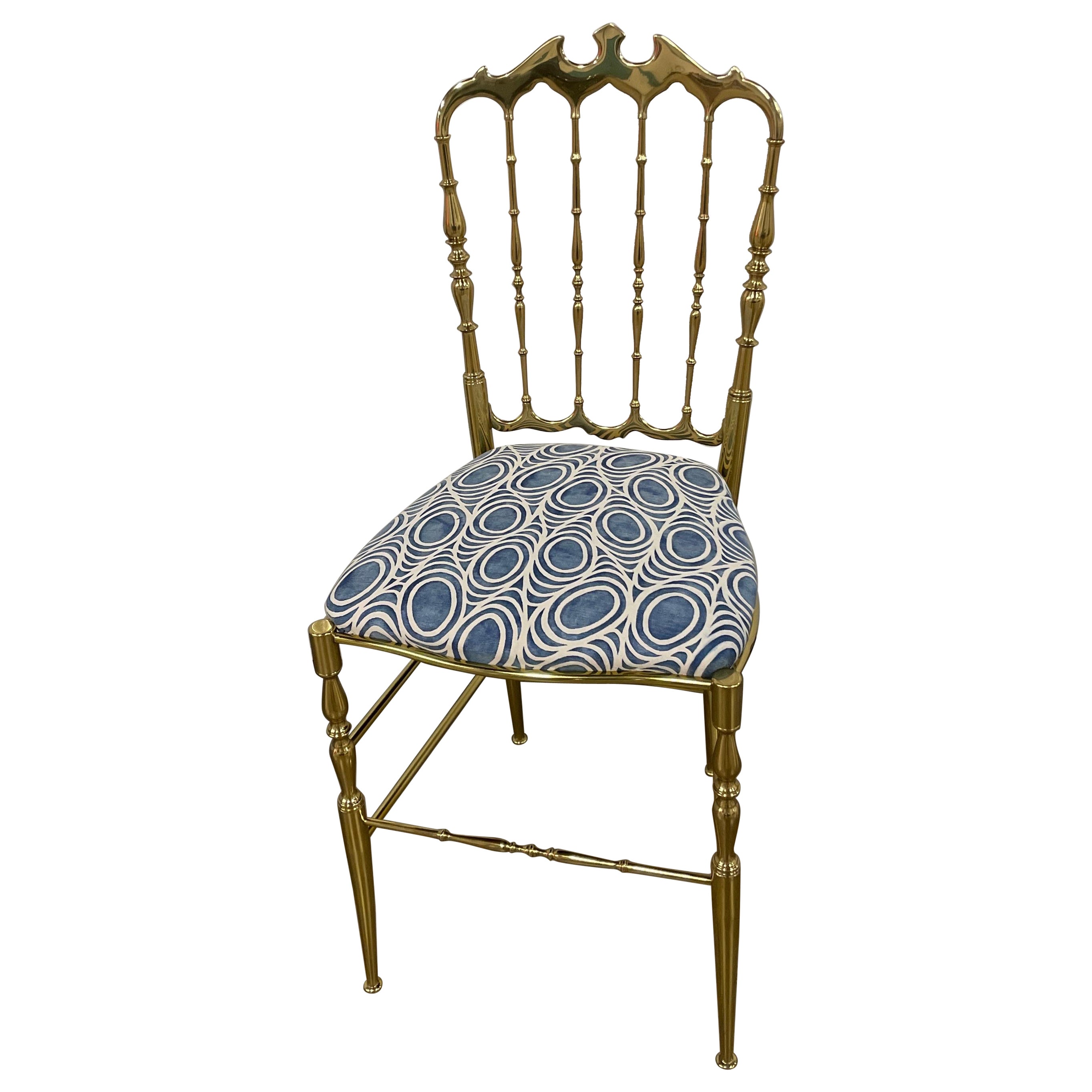 Vintage Solid Brass Italian Chiavari Chair with Fortuny Seat Covering For Sale
