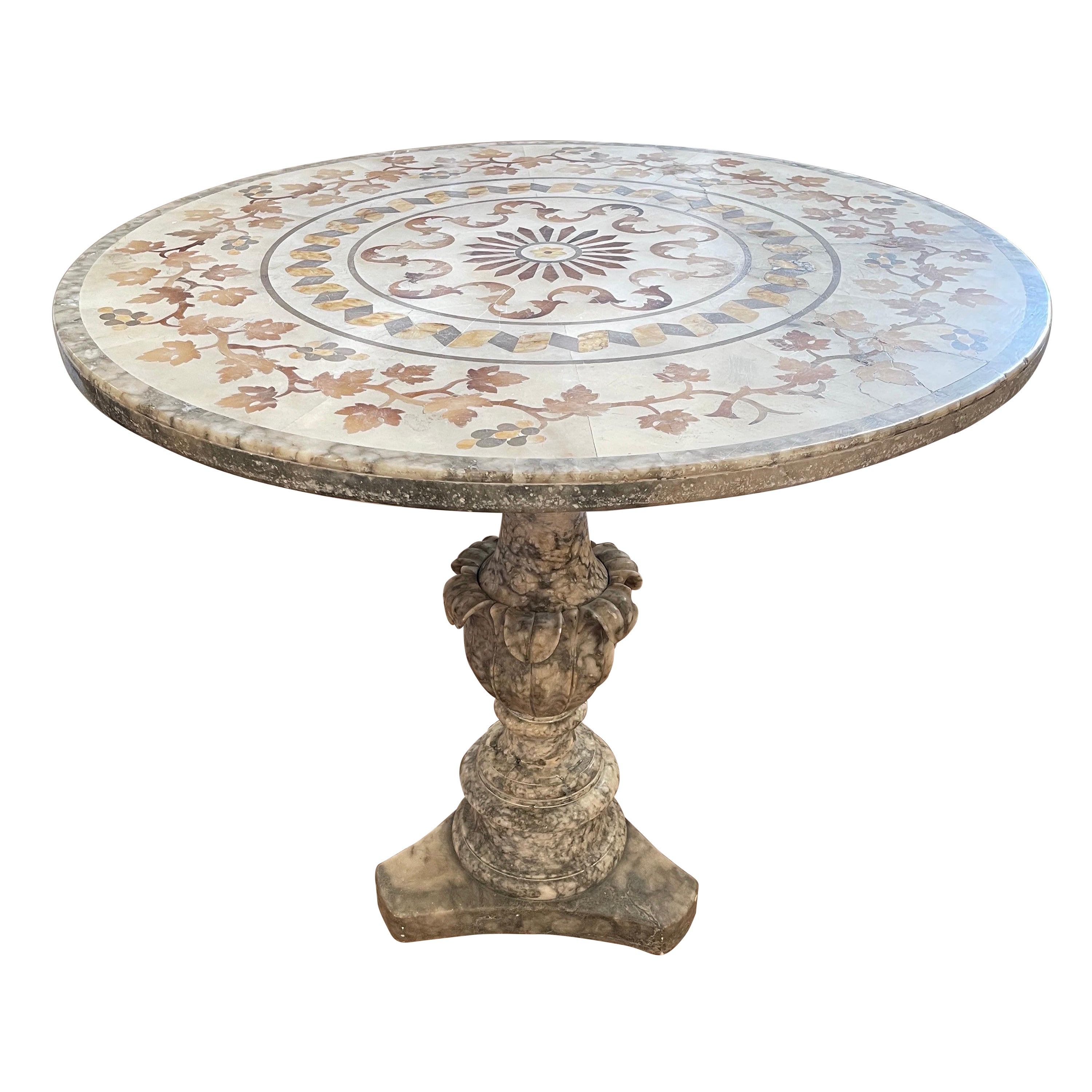 18th Century Italian Inlaid Pietra Dura Pedestal Table In Alabaster And Marble For Sale