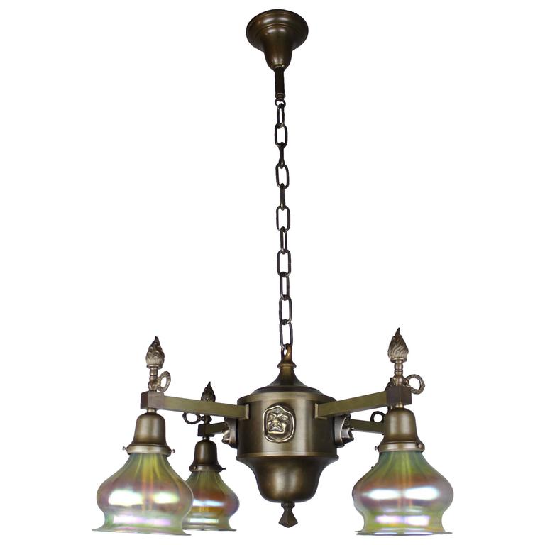 Arts and Crafts "Monk Head" FourLight Fixture with Art Glass For Sale