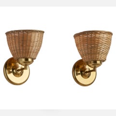 Swedish Designer, Wall Lights, Brass, Rattan, Sweden, 1960s