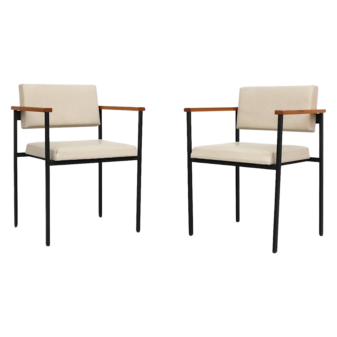 Pair of Martin Visser Style Armchairs with White Skai Seating and Black Frames