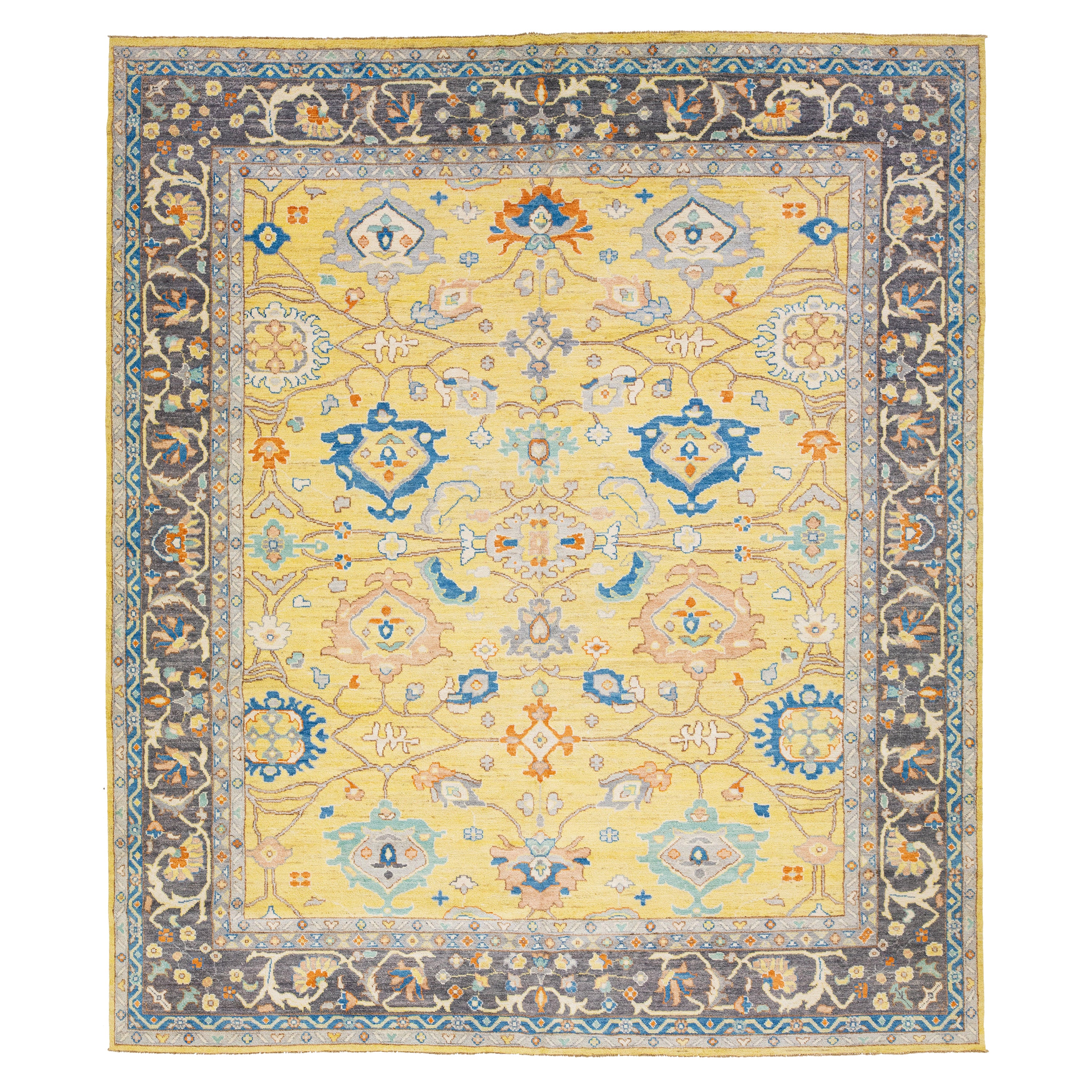Modern Oushak Style Wool Rug Features Allover Pattern In a Yellow Field For Sale