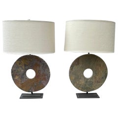 Table Lamps Hand Chiseled Round Stone, Oval Linen Shades