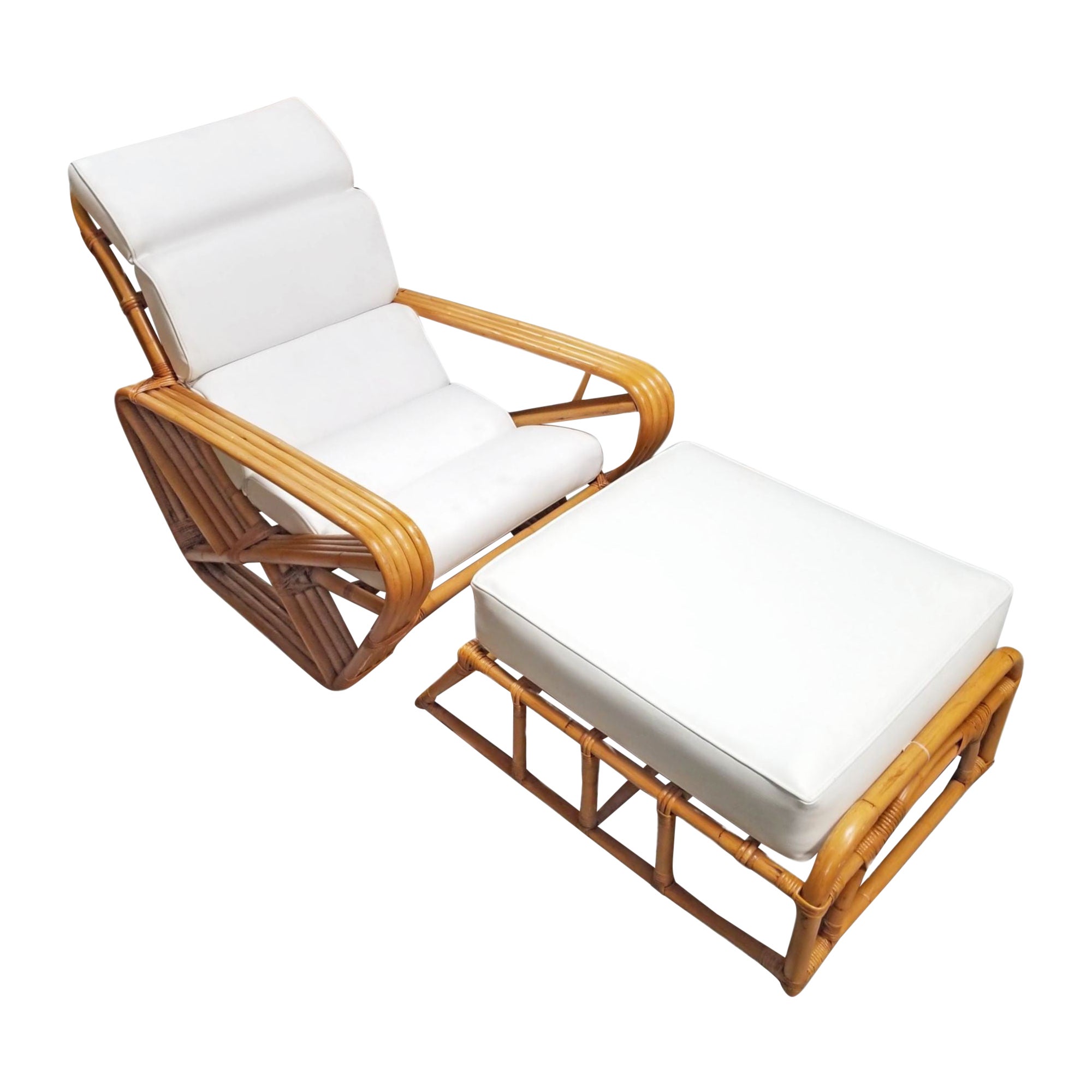 Restored Rattan Four Strand Square Pretzel Chaise Lounge Chair with Ottoman For Sale