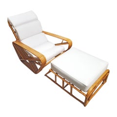 Used Restored Rattan Four Strand Square Pretzel Chaise Lounge Chair with Ottoman