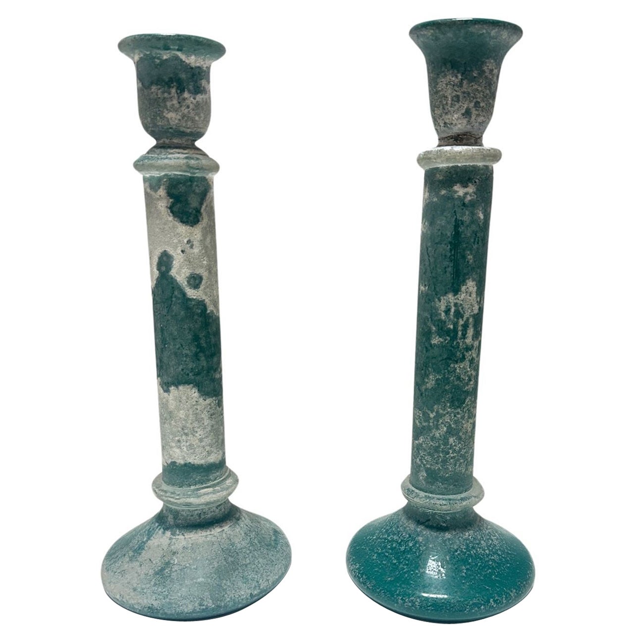 Vintage Candlestick holders Turquoise Glass Frosted, Pair