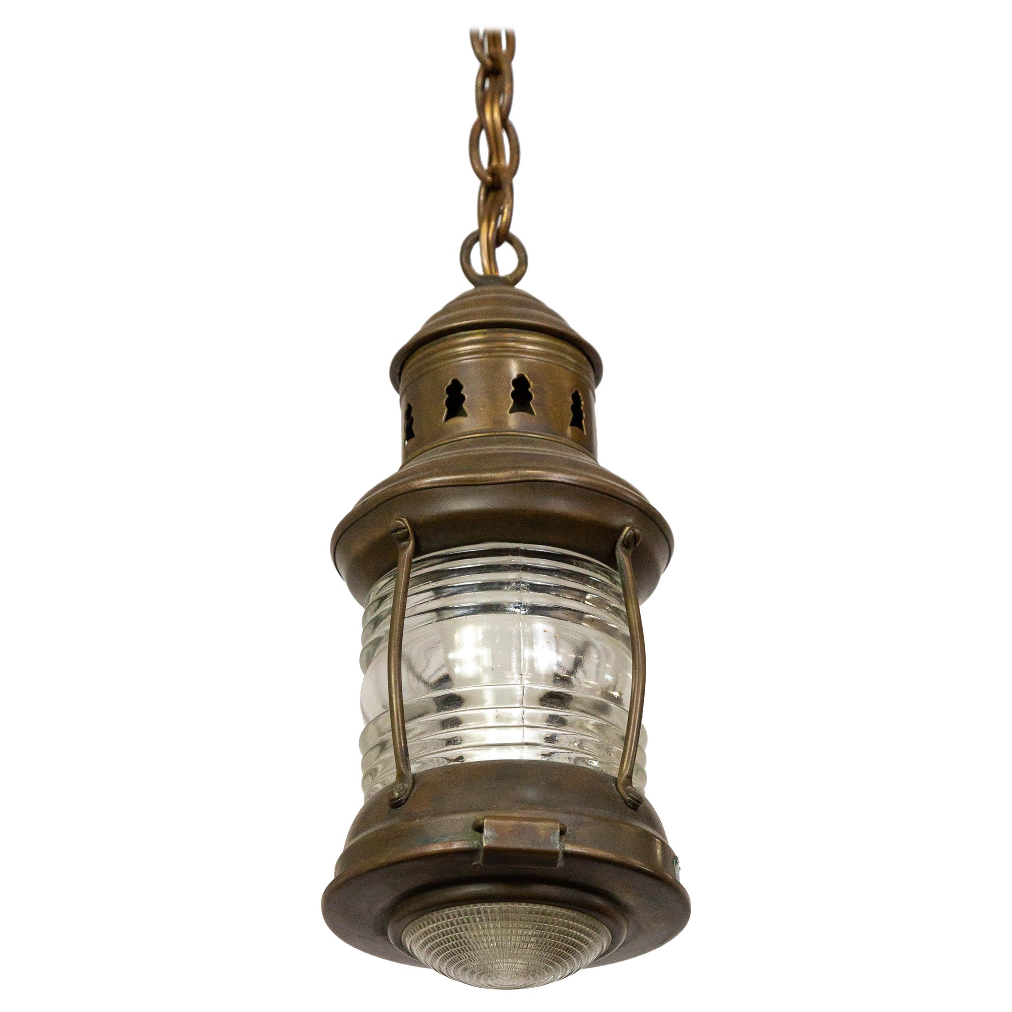 Petite Antique Nautical Lantern w/ Holophane Diffuser For Sale