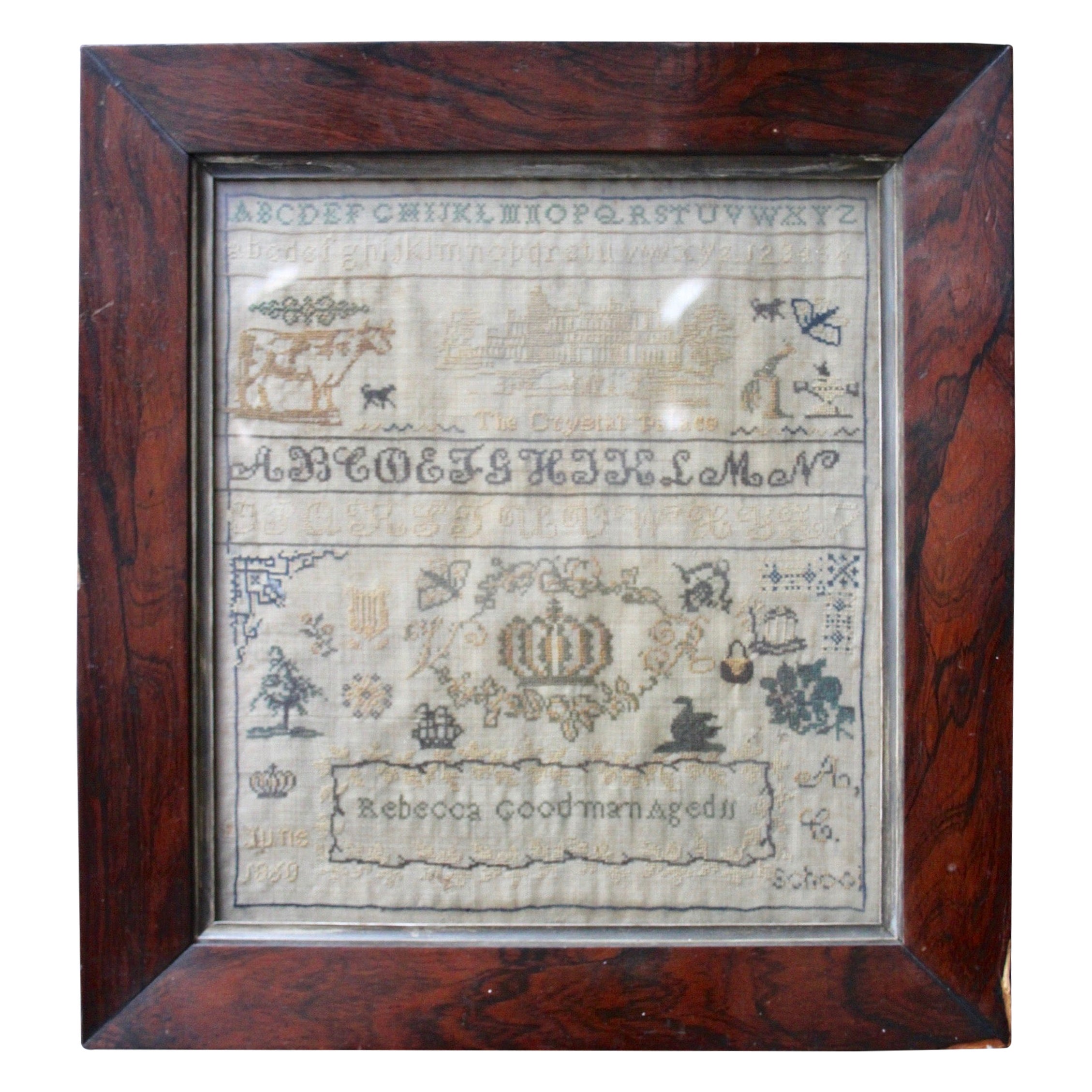 British signed and dated June 1860 needlework sampler For Sale