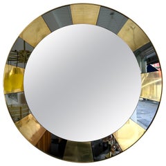 Large Round Contemporary Brass and Smoke Gray Glass Mirror, Italy