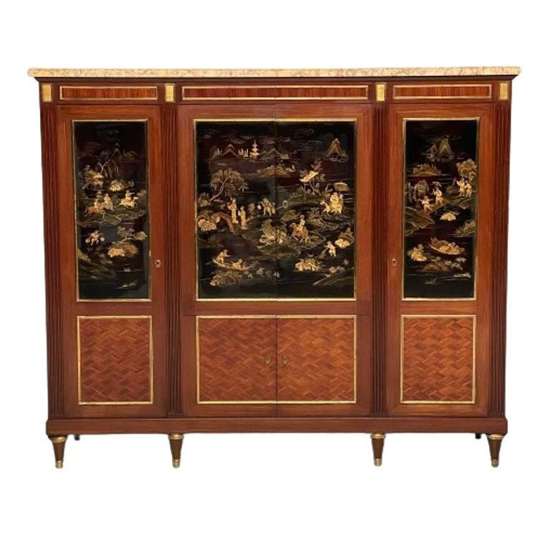 Maison Jansen Style, Louis XVI, Chinoiserie, Mahogany, Black Lacquer, Parquetry For Sale