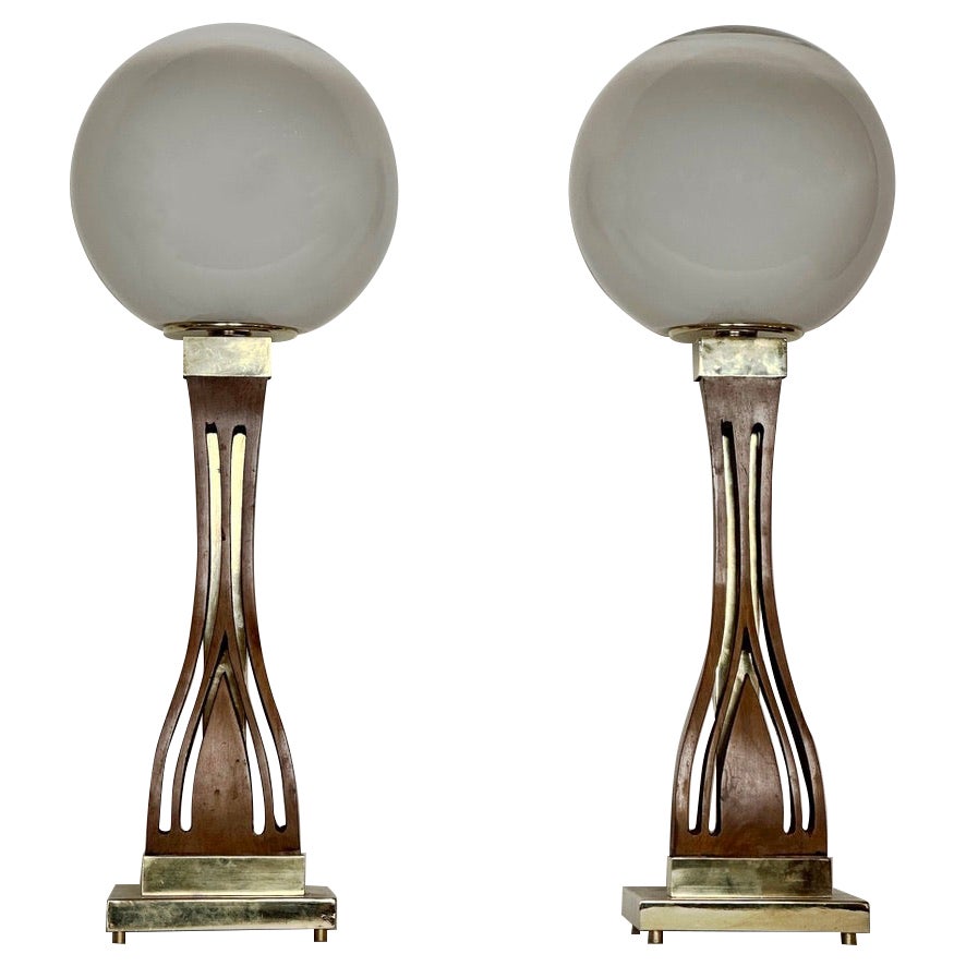 Late 20th Century Pair of Walnut, Brass & Faded Blown Murano Glass Table Lamps For Sale
