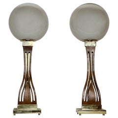 Vintage Late 20th Century Pair of Walnut, Brass & Faded Blown Murano Glass Table Lamps