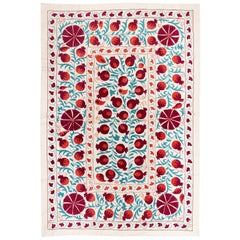 Retro 4.8x6.8 Ft Silk Embroidery Wall Hanging in Red, Blue & Ivory. Suzani Wall Decor