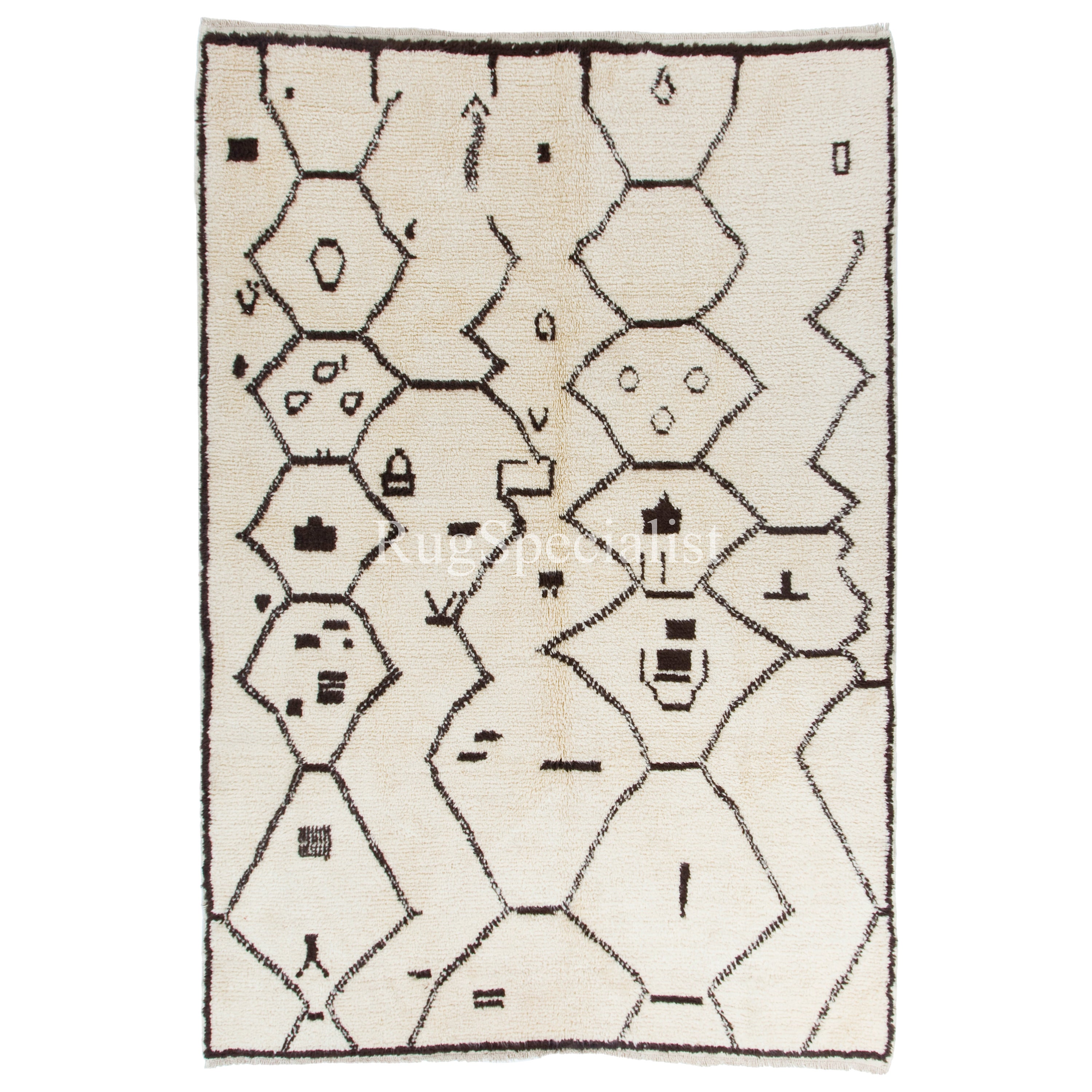 Moroccan Rug. 100% Natural Wool. Beni Ourain Berber Carpet in Ivory & Dark Brown