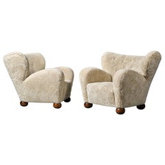 Vintage Marta Blomstedt Pair of Easy Chairs in Sheepskin, Model Aulanko, Finland