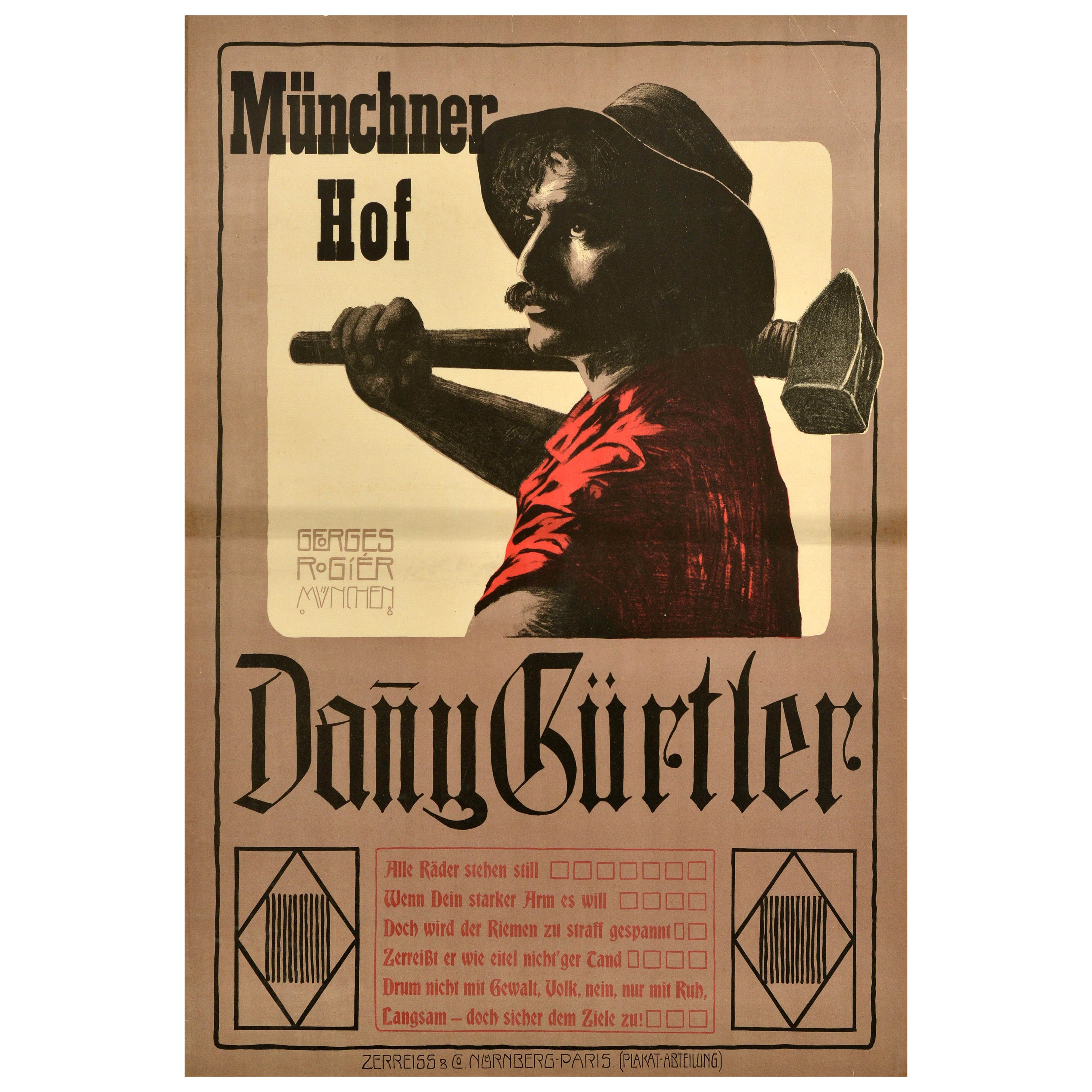 Original Antique Poster Danny Gurtler Munchner Hof Cabaret Artist Munich Theatre For Sale