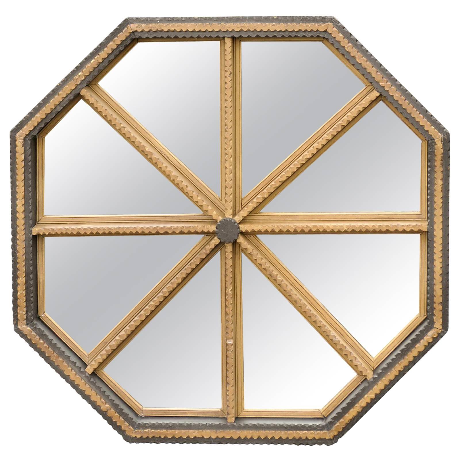 Octagonal Tramp Art Mirror Painted Black and Gold from the Mid 20th Century