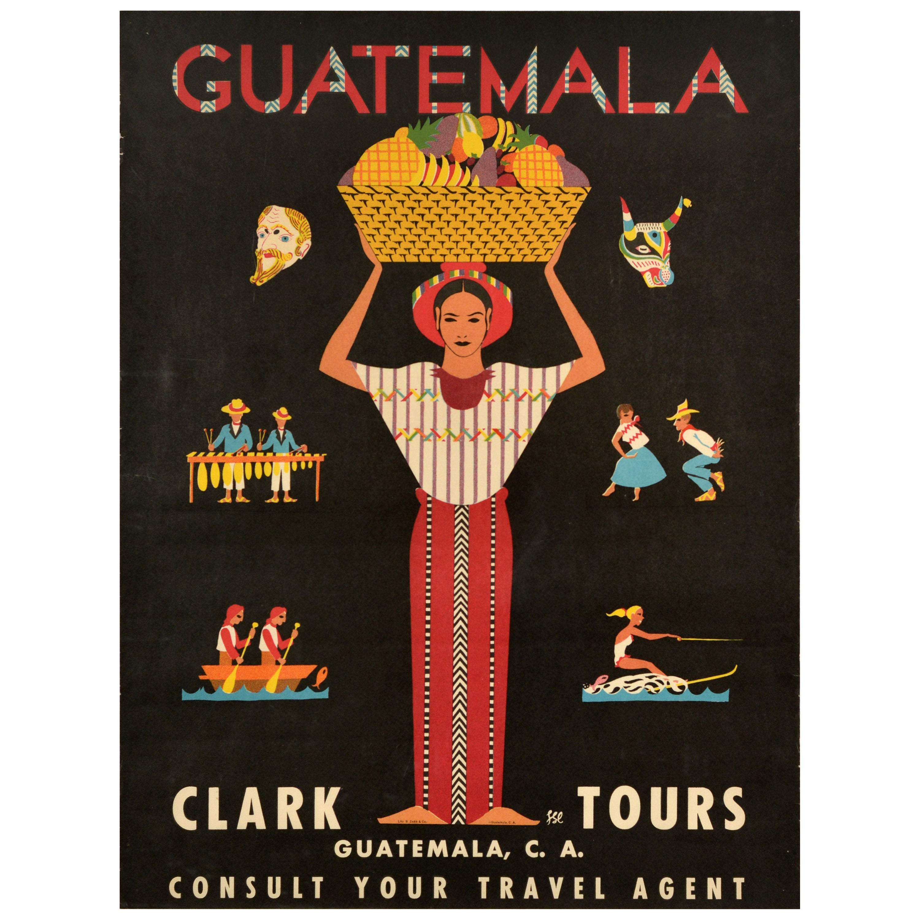 Origi1nal Vintage Travel Travel Advertising Poster Guatemala Clark Tours Midcentury Art en vente