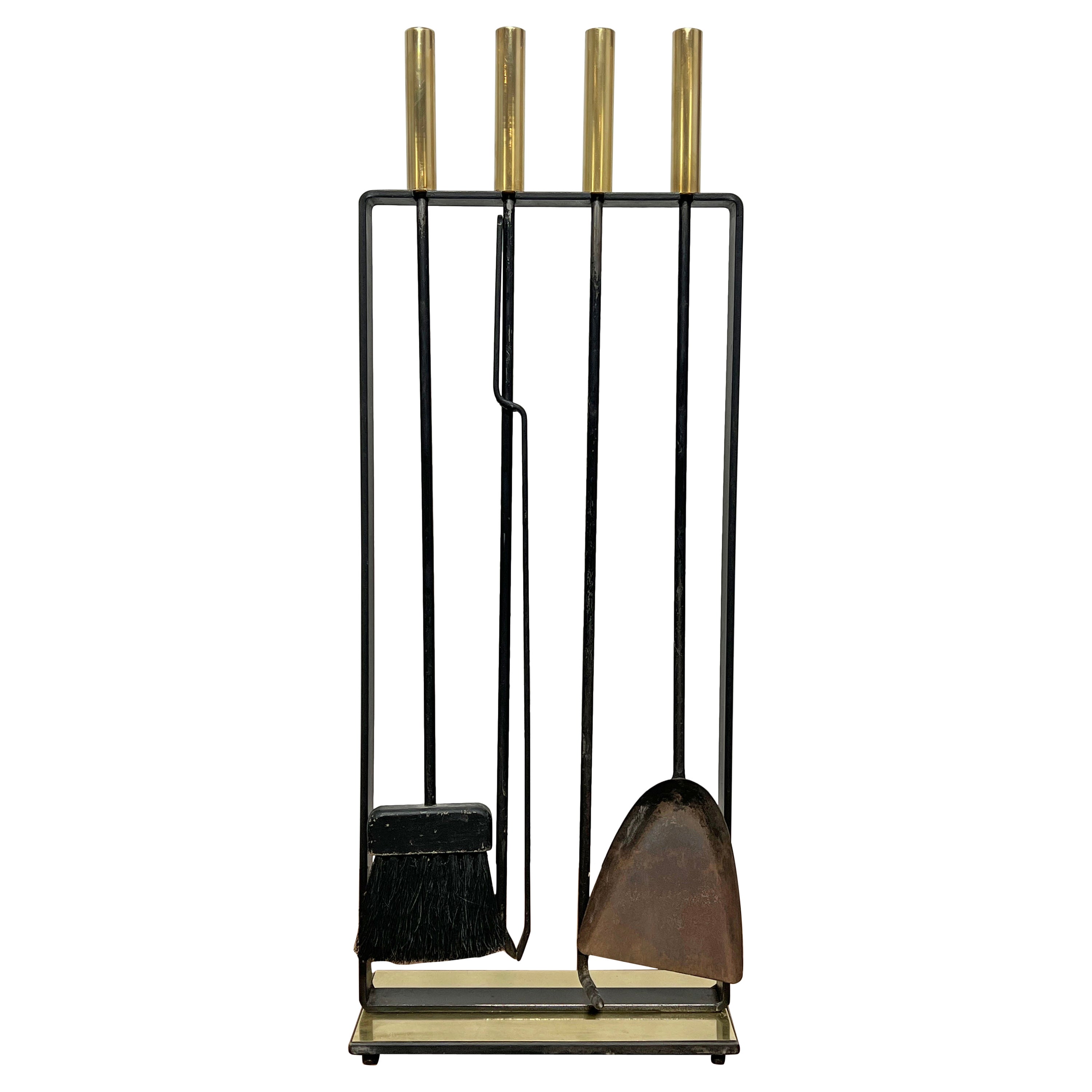 Set of Modernist Pilgrim Mfg. Brass and Wrought Iron Fireplace Tools Circa 1960s