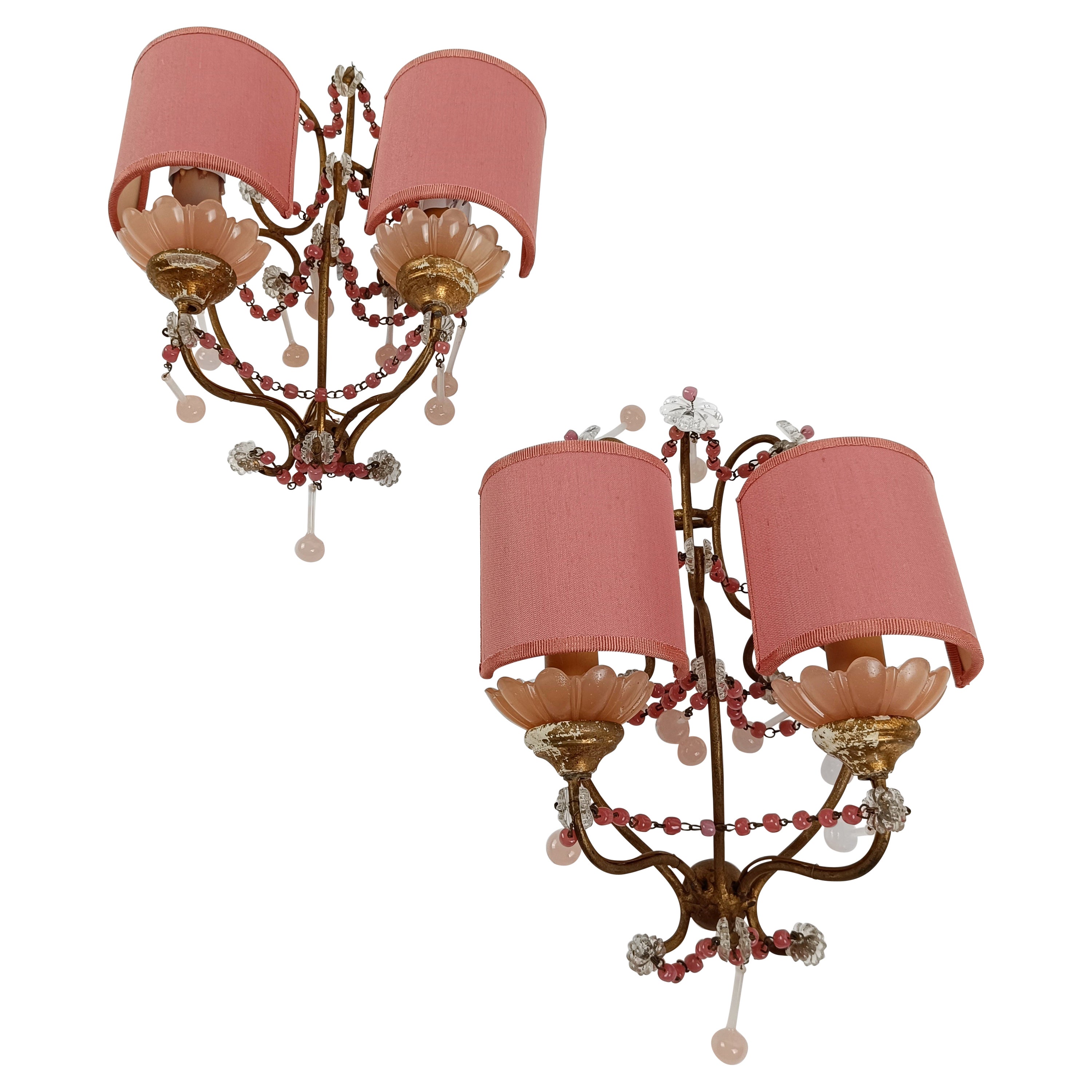 Gilded sconces with peachy pink opaline cups, crystal beaded and Murano drops  For Sale