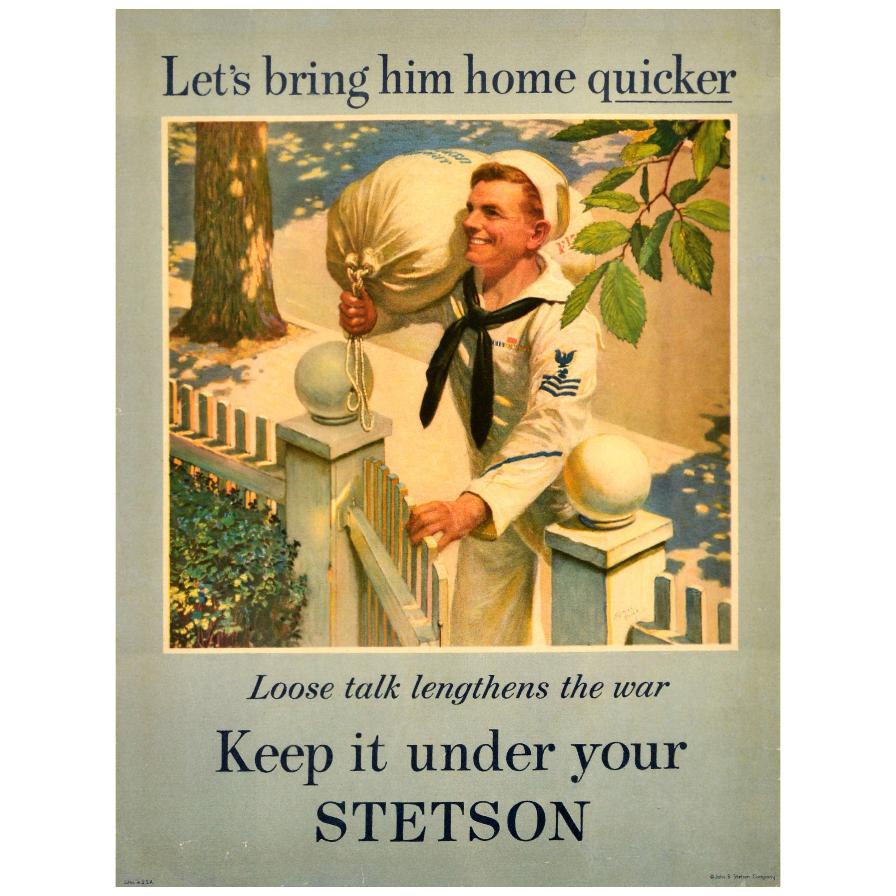 Affiche publicitaire vintage originale Keep It Under Your Stetson Bring Him Home en vente
