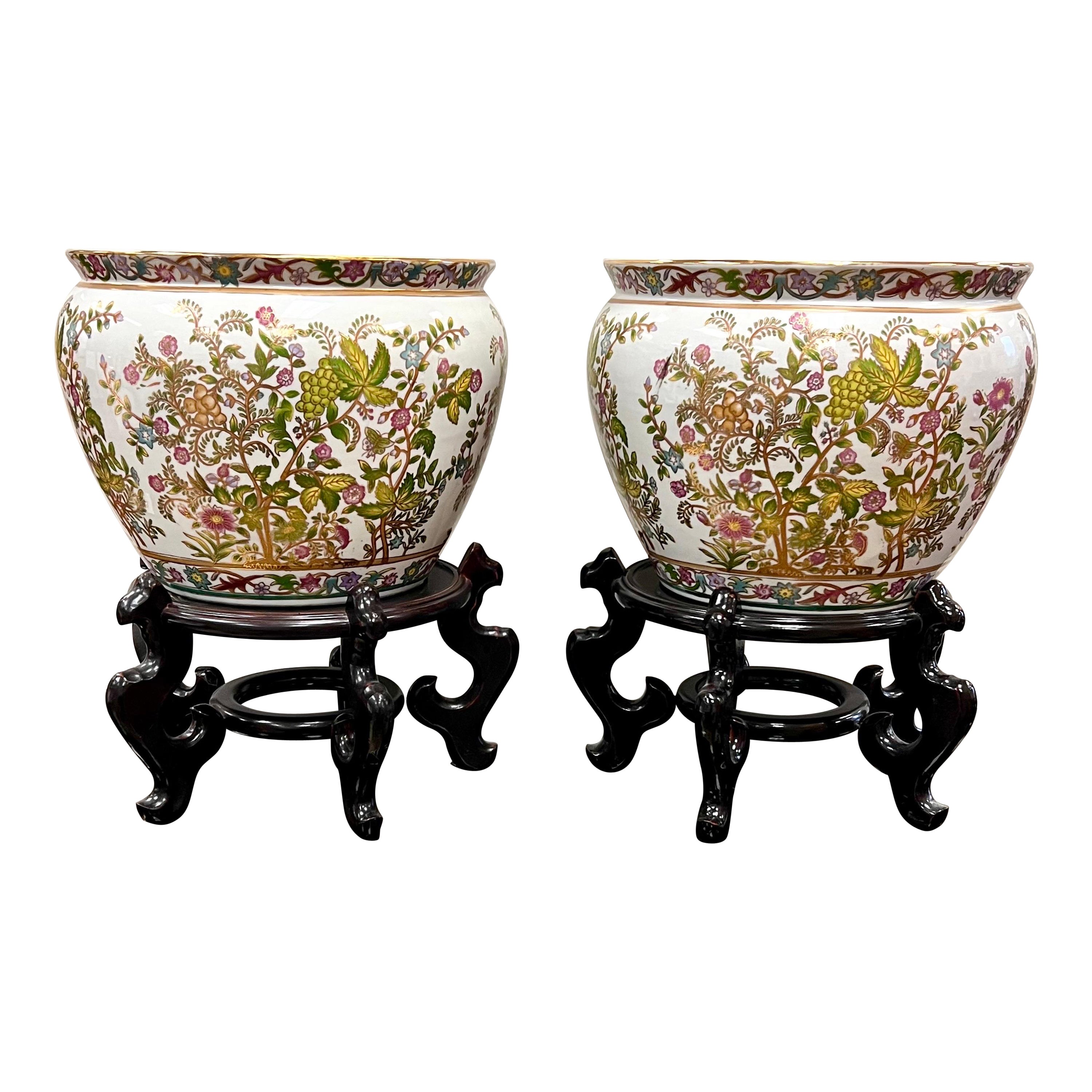 Pair of Chinese Pink & Green Fishbowls Planters Jardinieres on Carved Pedestals For Sale