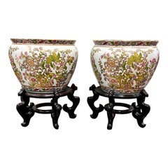 Pair of Chinese Pink & Green Fishbowls Planters Jardinieres on Carved Pedestals