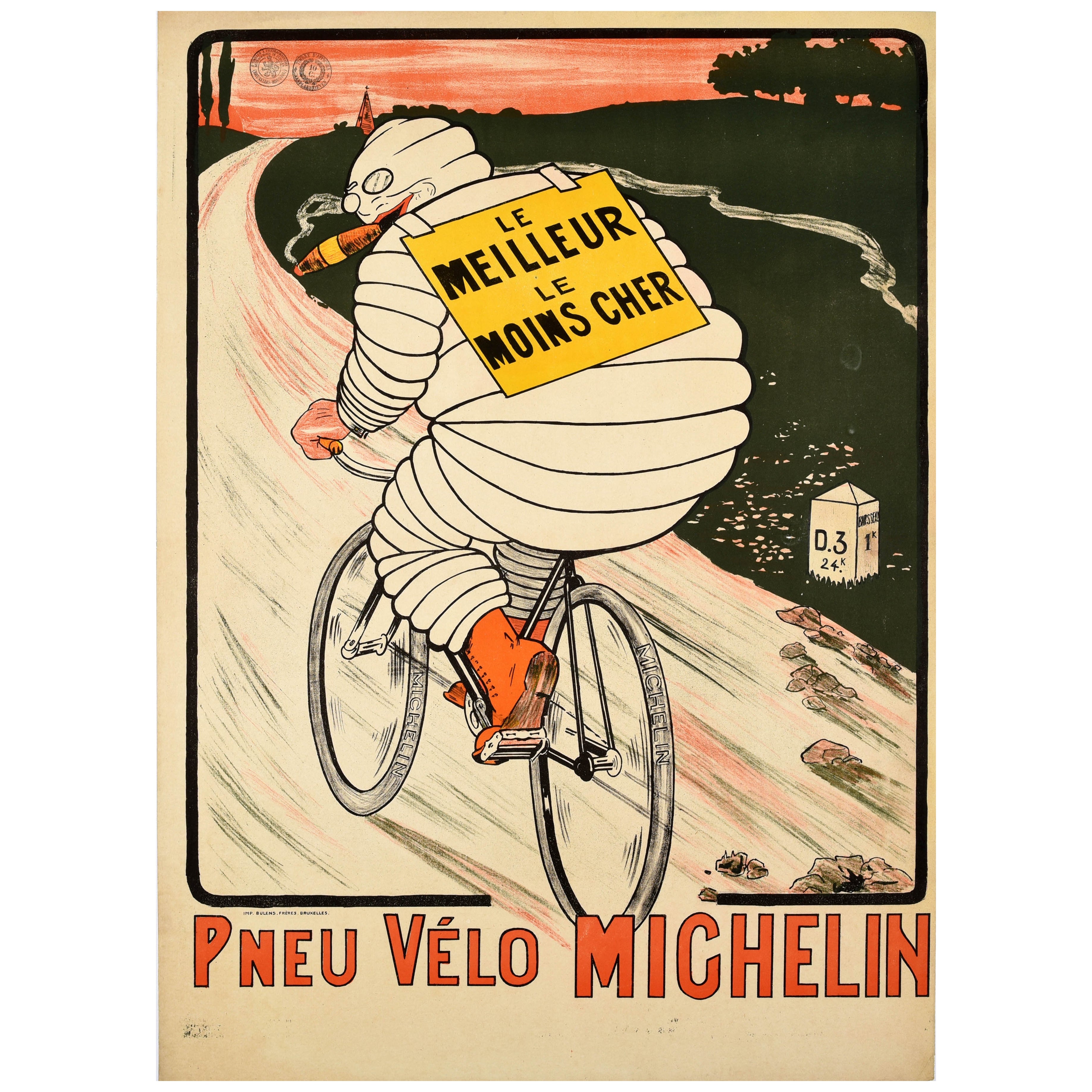 Affiche publicitaire d'origine ancienne Michelin Man Bibendum Tyres Cigar Bicyclette