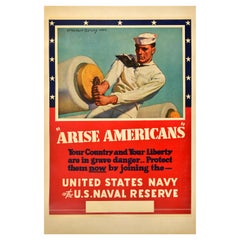 Original Vintage War Recruitment Propaganda Poster US Navy Reserve Arise America