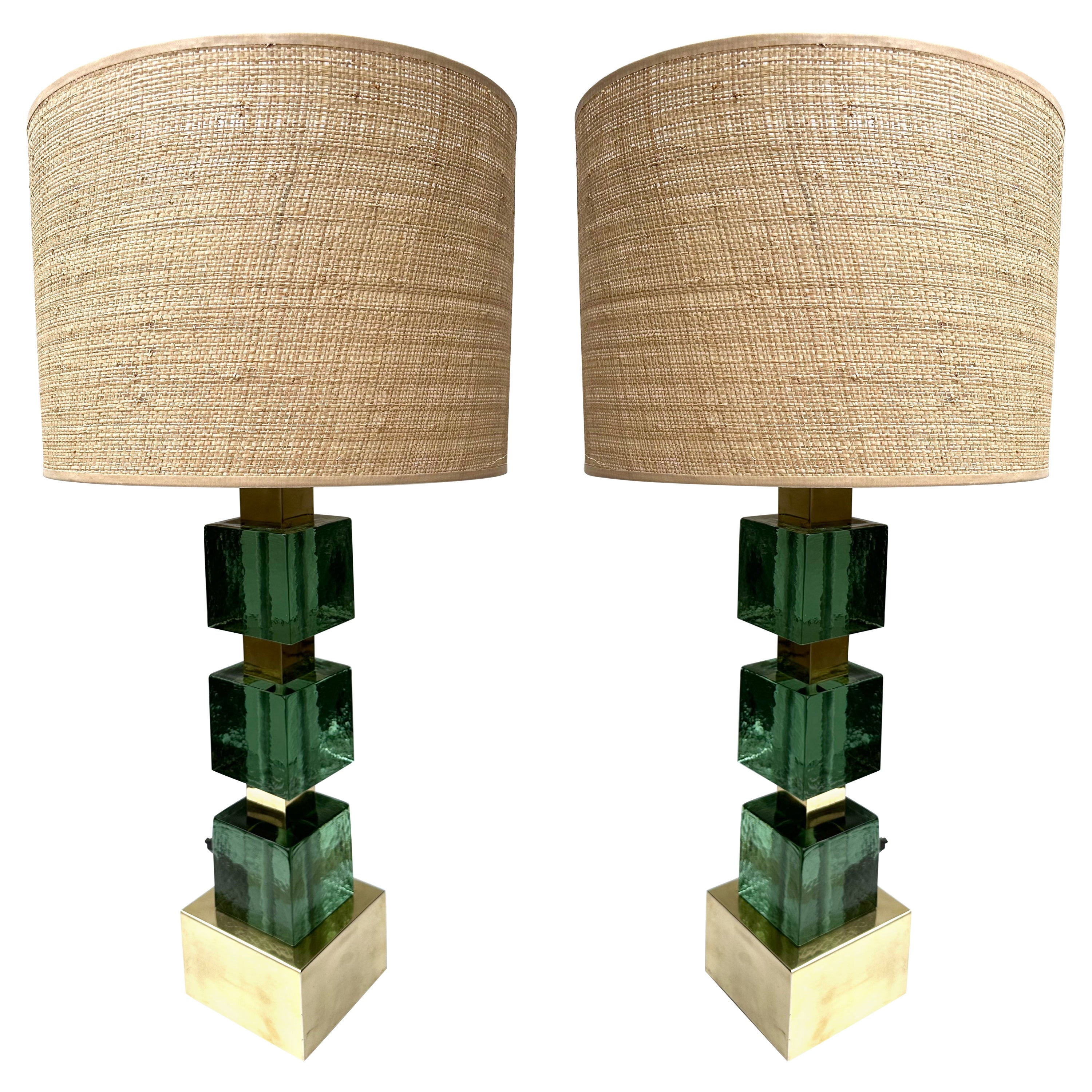 Contemporary Pair of Brass and Green Murano Glass Cube Lamps, Italy