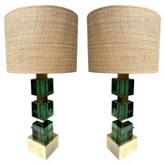 Contemporary Pair of Brass and Green Murano Glass Cube Lamps, Italy