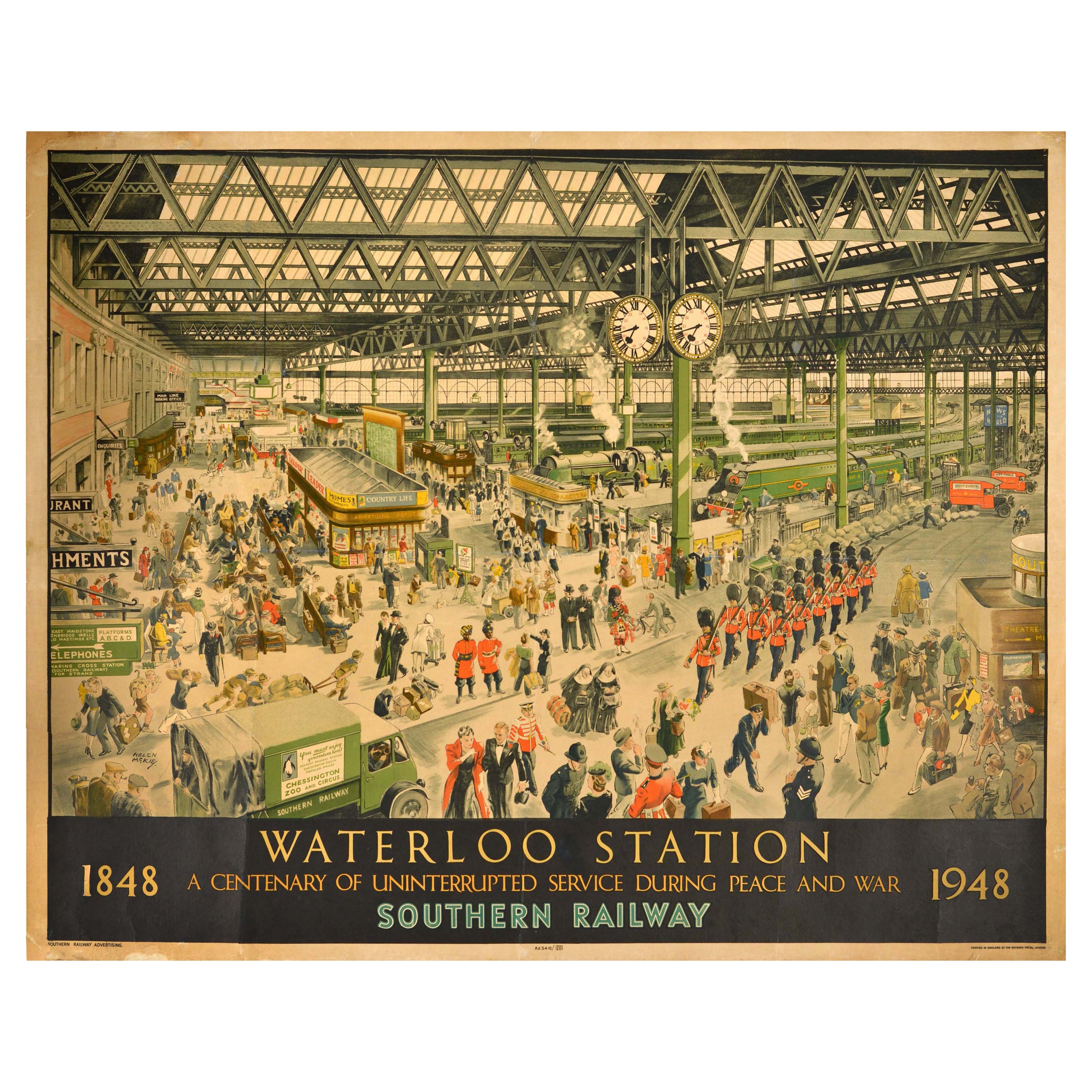 Original Vintage Travel Advertising Poster Waterloo Station Southern Railway For Sale