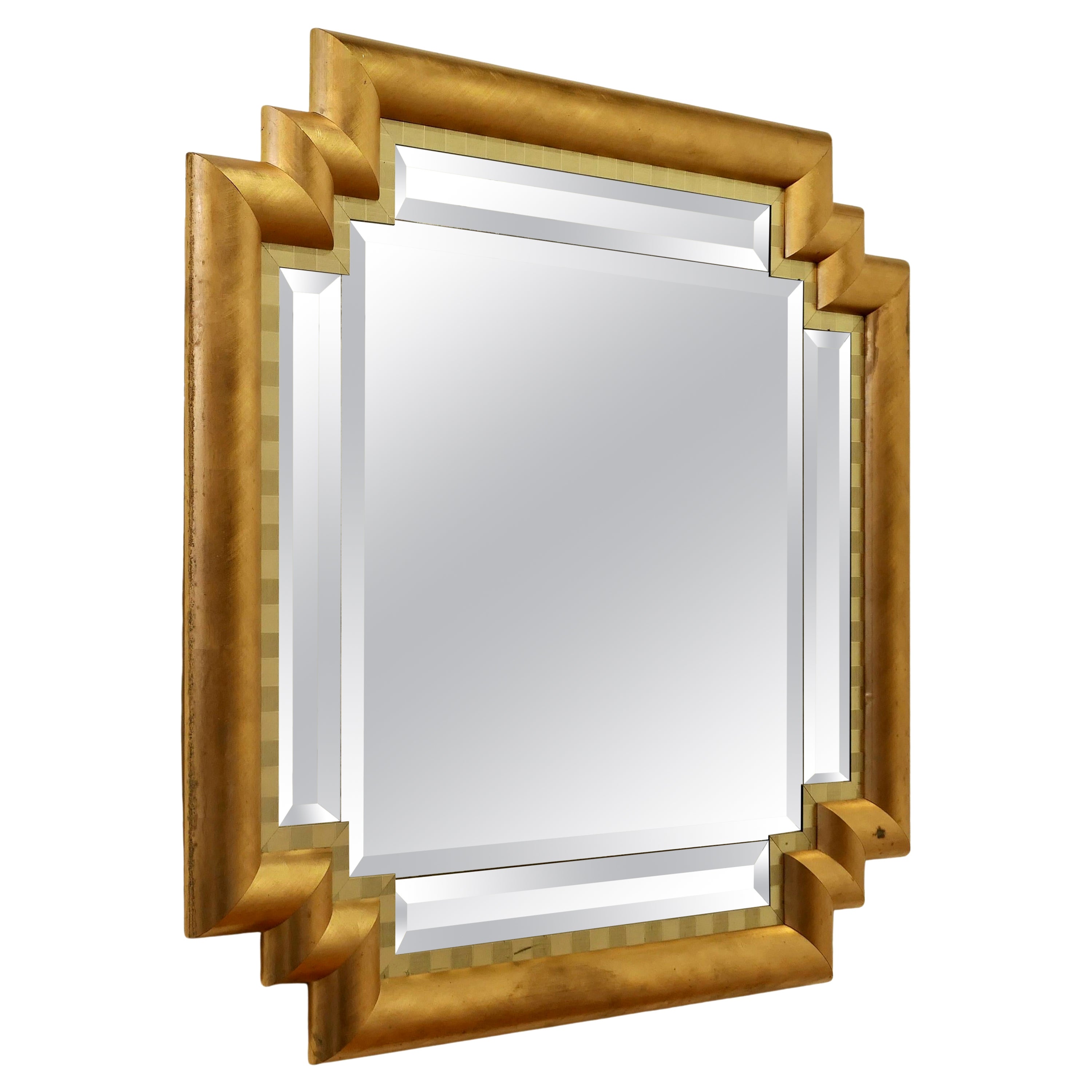 Large French Art Deco Odeon Style Gilt Mirror For Sale
