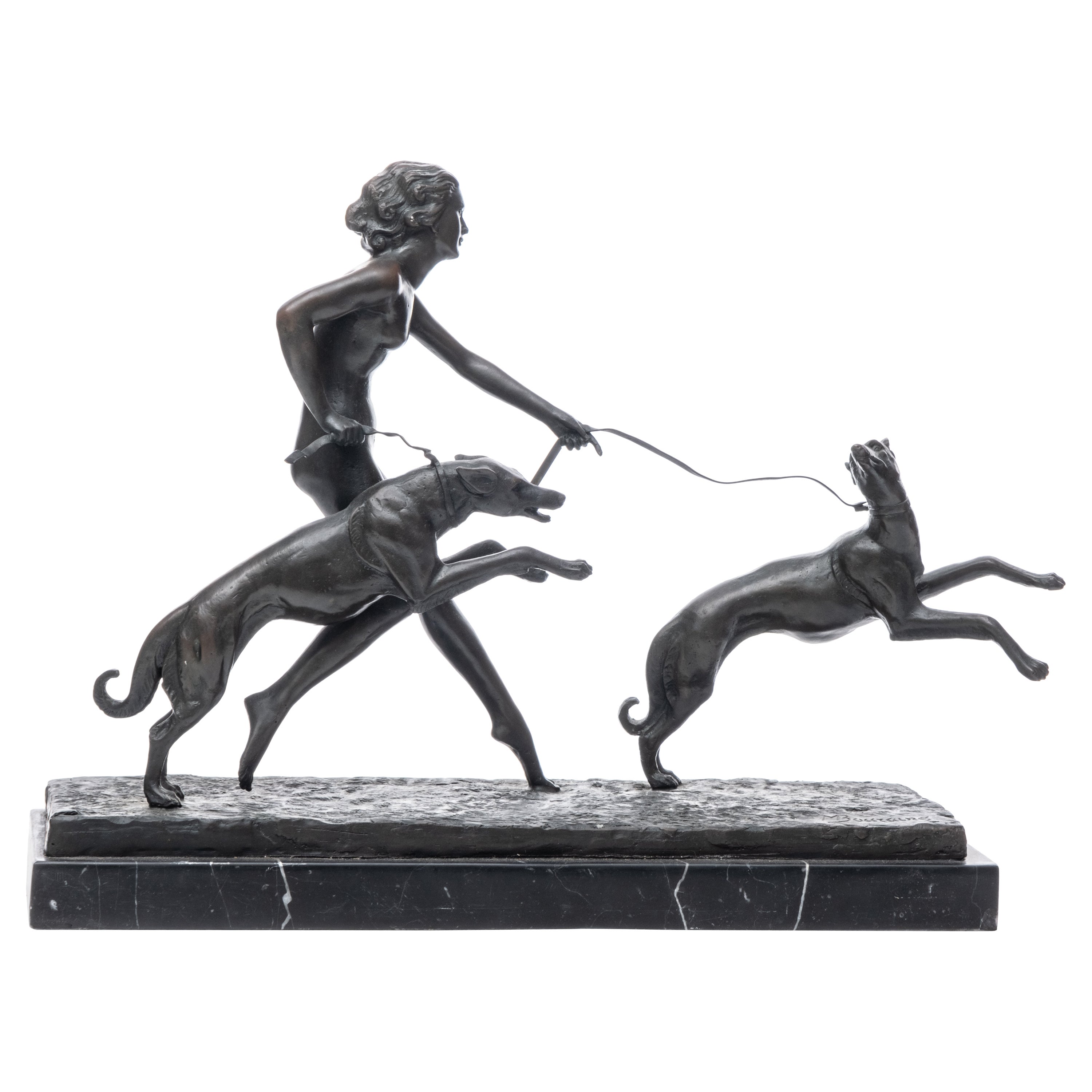 D'après Marcel Bouraine Sculpture en bronze Art Déco, Femme courant avec des chiens en vente