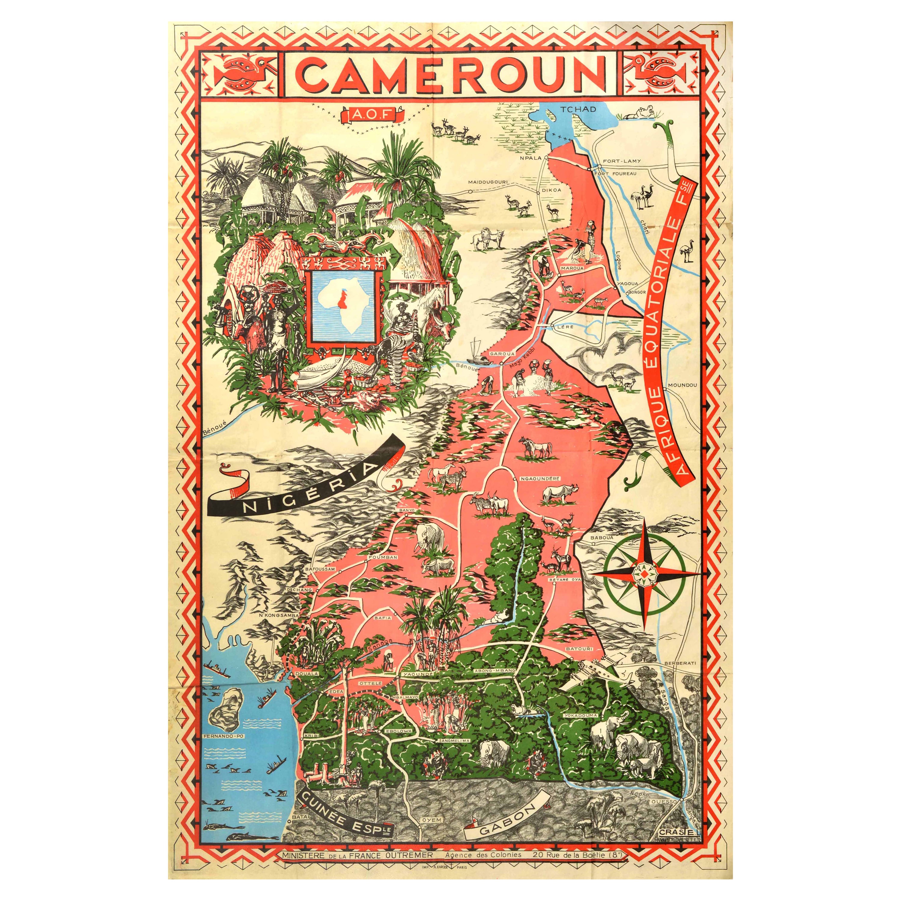 Poster mappa illustrata originale d'epoca Afrique Equatoriale Francaise Cameroon