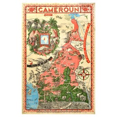 Affiche vintage d'origine, carte illustrée Afrique équatoriale française, Cameroun