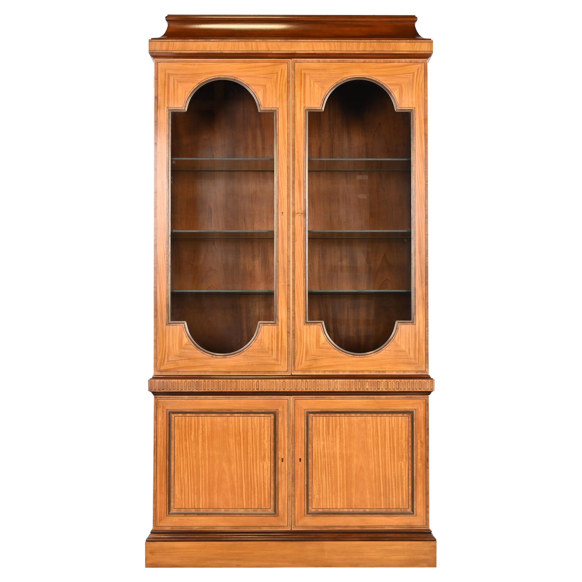Baker Furniture Neoclassical Satinwood Lighted Breakfront Bookcase Cabinet