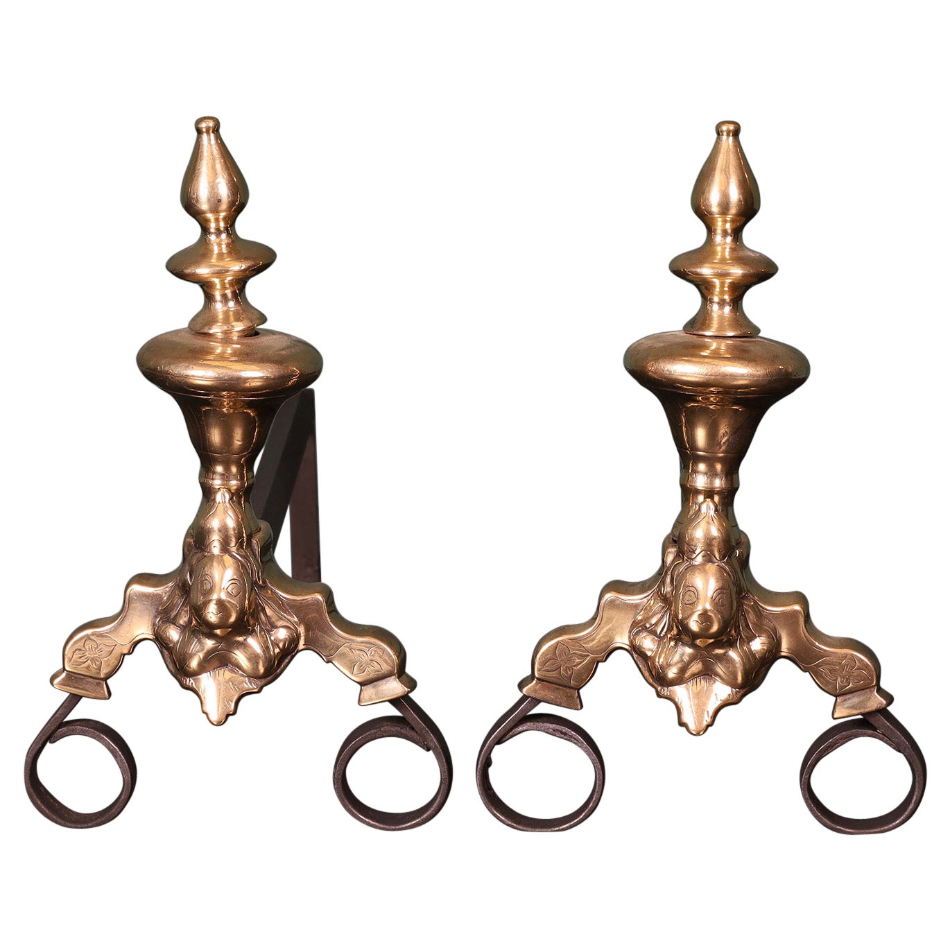 A Pair of 18th Century Dutch Brass & Wrought Andirons For Sale