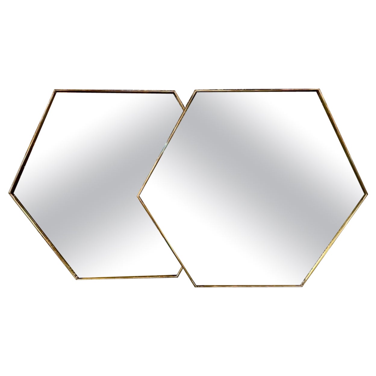 Pair of Italian Brass Frame Hex Mirrors For Sale