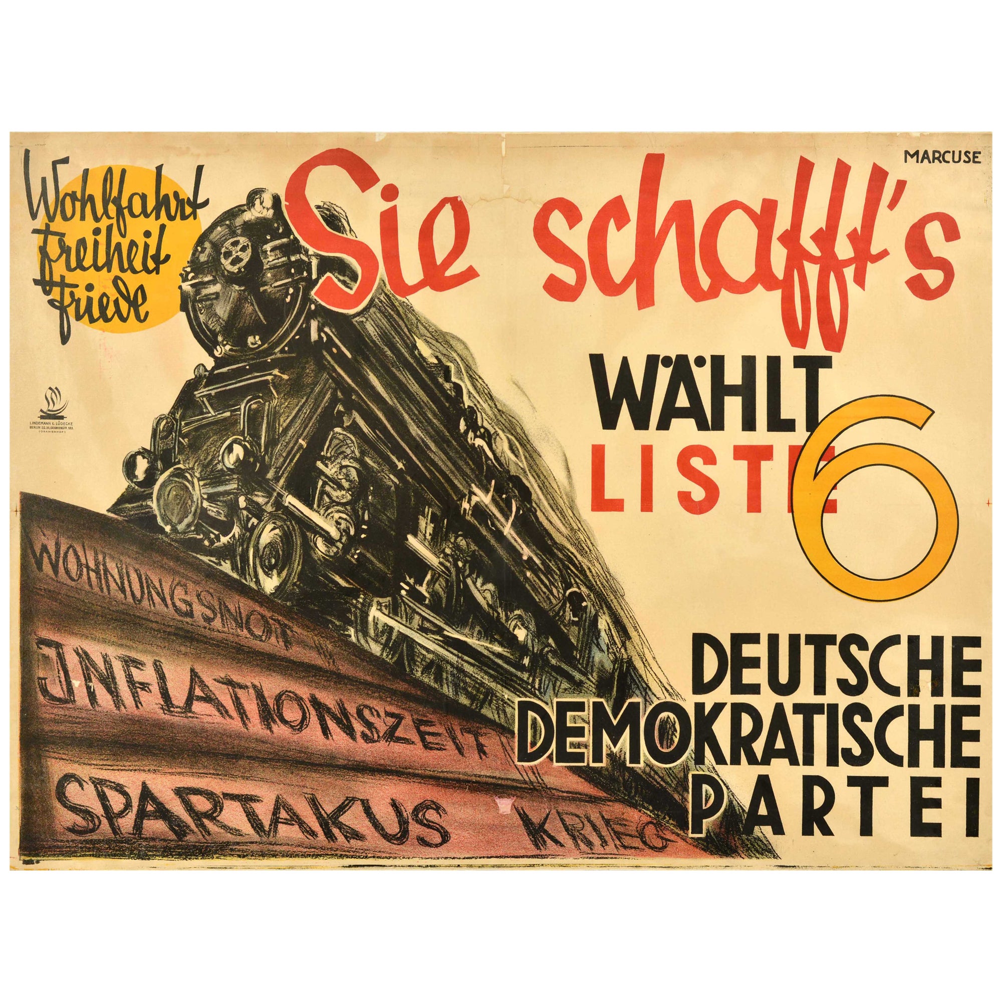 Original Antikes Propaganda-wahlplakat der deutschen Demokratischen Partei, Zugliste 6
